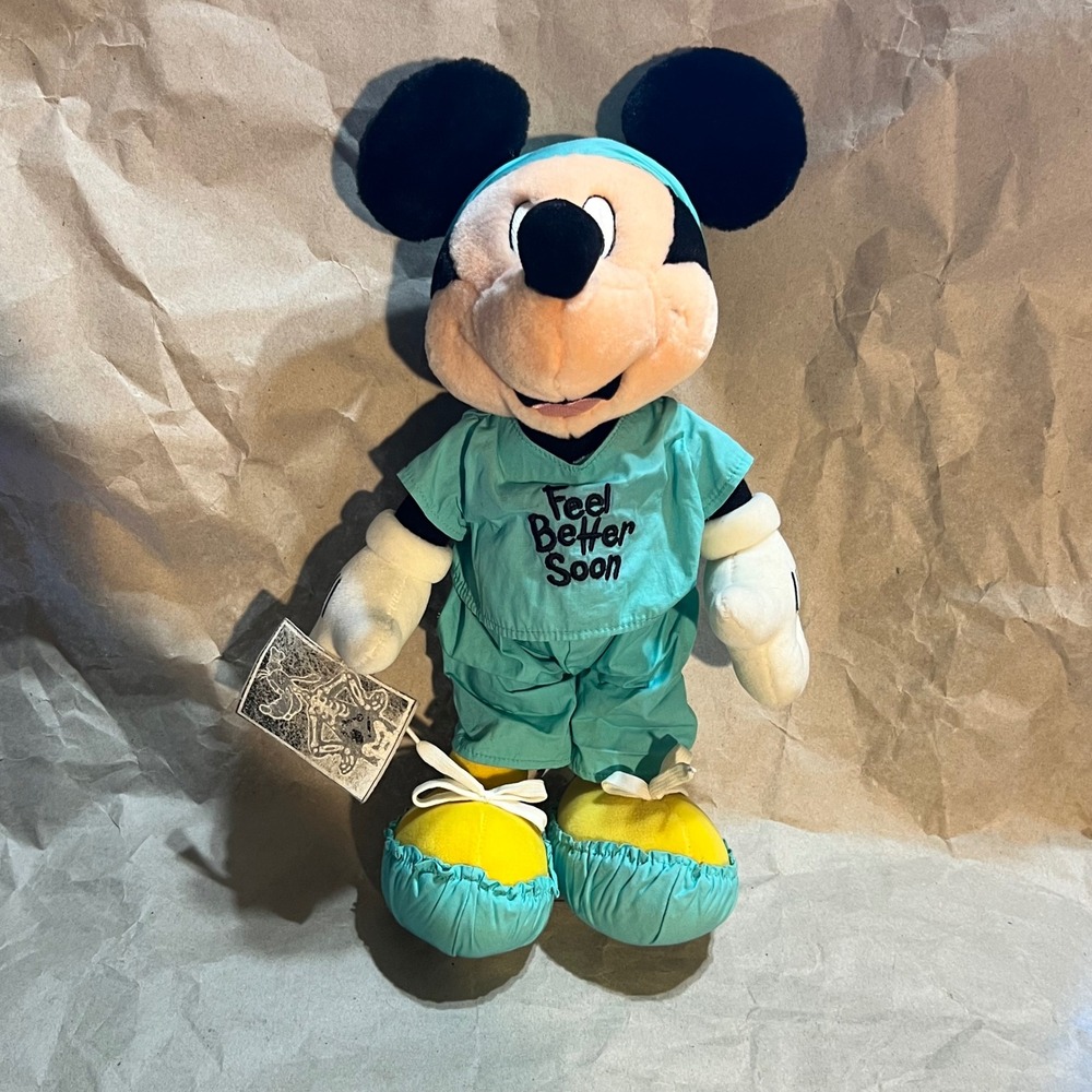 Disney Mickey Mouse Plush Feel Better Soon Doctor Nurse Scrubs Teal 15in